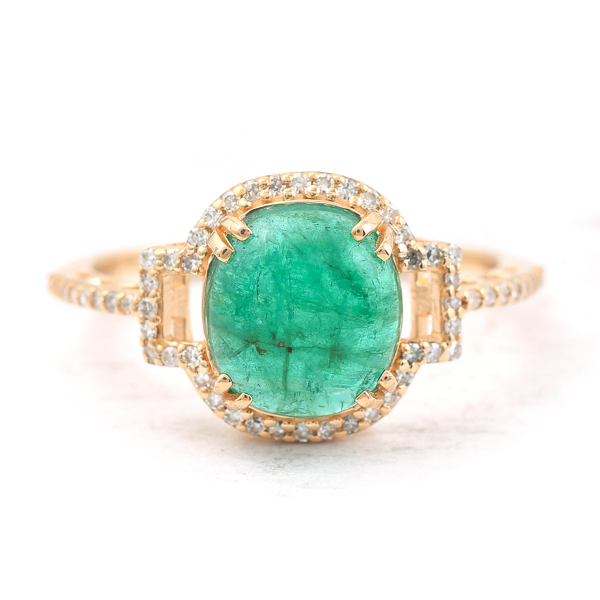 2.15 Ct Round Cabochon Cut Natural Emerald 14K Gold Ring