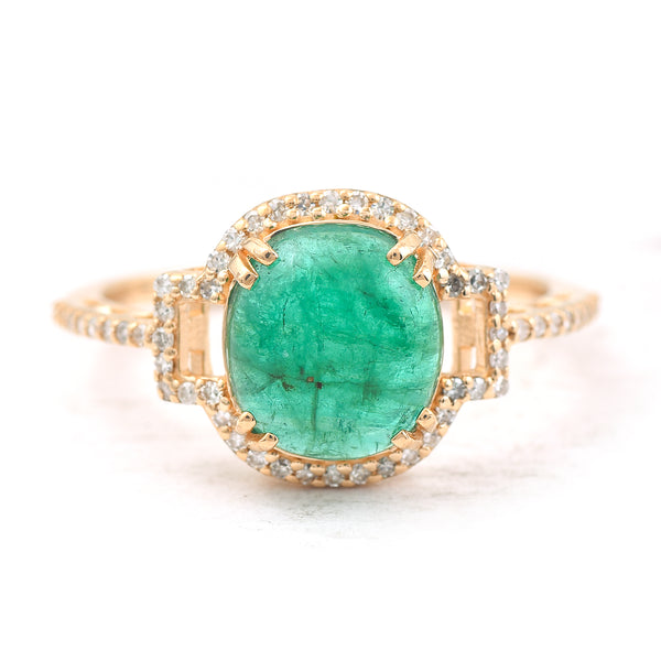 2.15 Ct Round Cabochon Cut Natural Emerald 14K Gold Ring