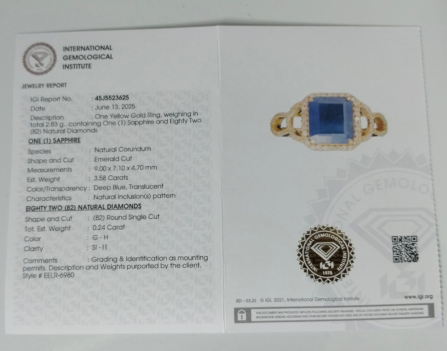3.82 Ct Emerald Cut Natural Corundum Sapphire 14K Gold Ring