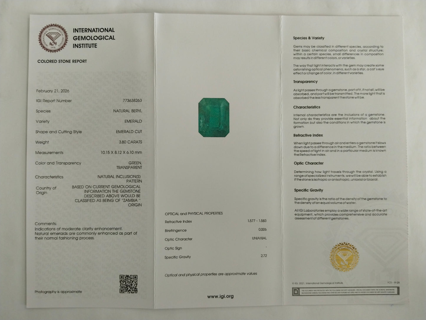 3.8 Natural Beryl Emerald Emerald Cut Gemstone