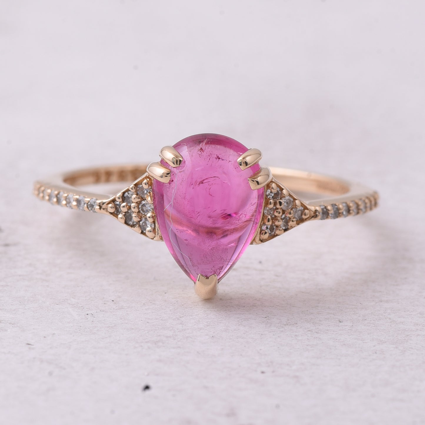 1.67 Ct Pear Cabochon Natural Pink Tourmaline 14K Gold Ring