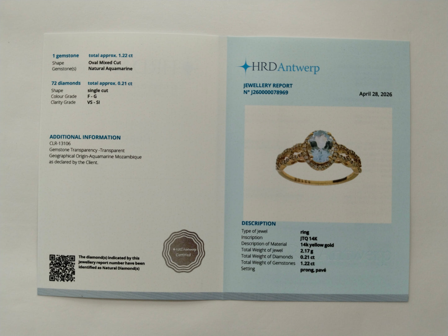 1.43 Ct Oval Mixed Cut Natural Aquamarine 14K Gold Ring