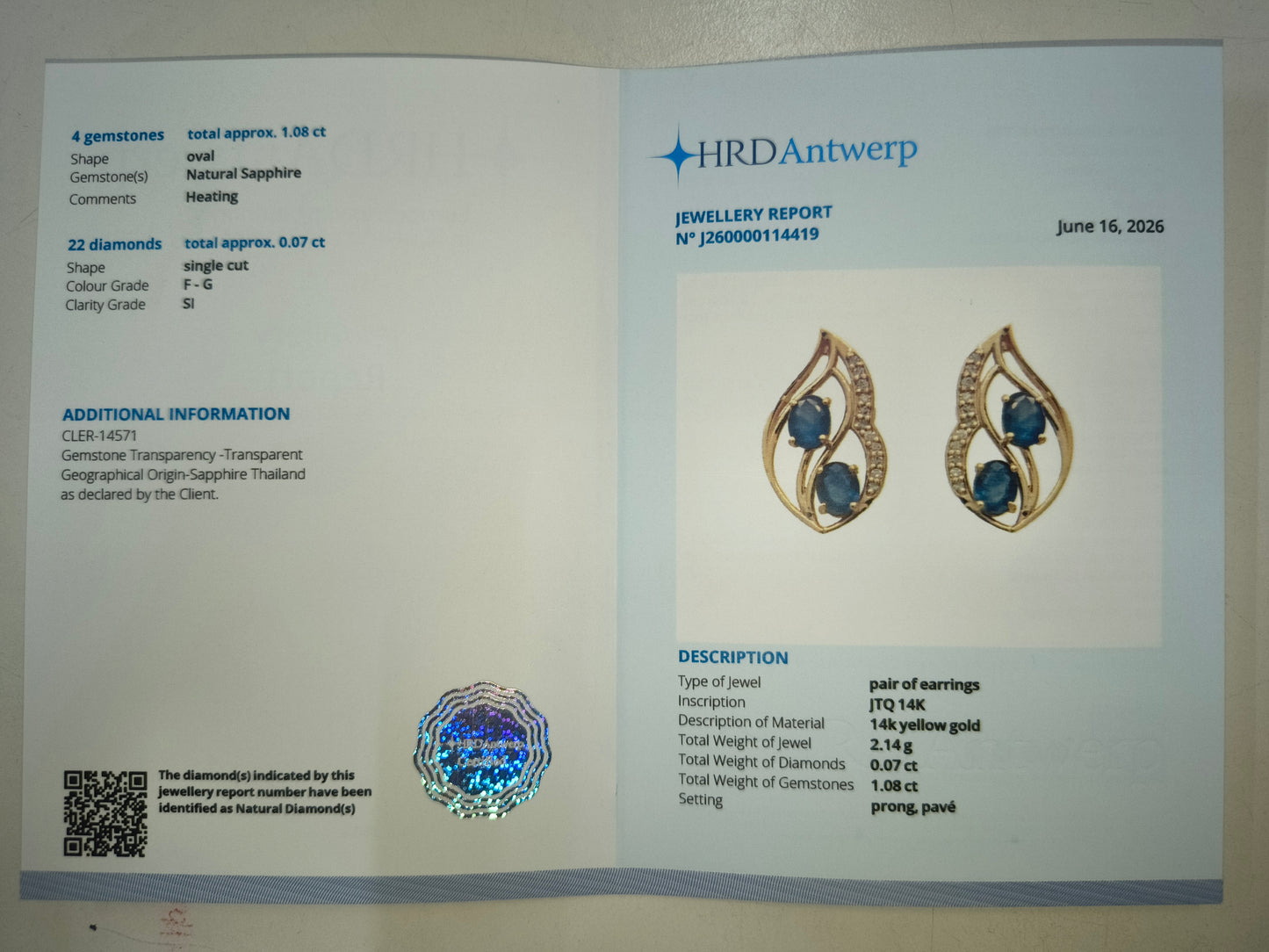 1.15 Ct Oval Natural Sapphire 14K Gold Earrings