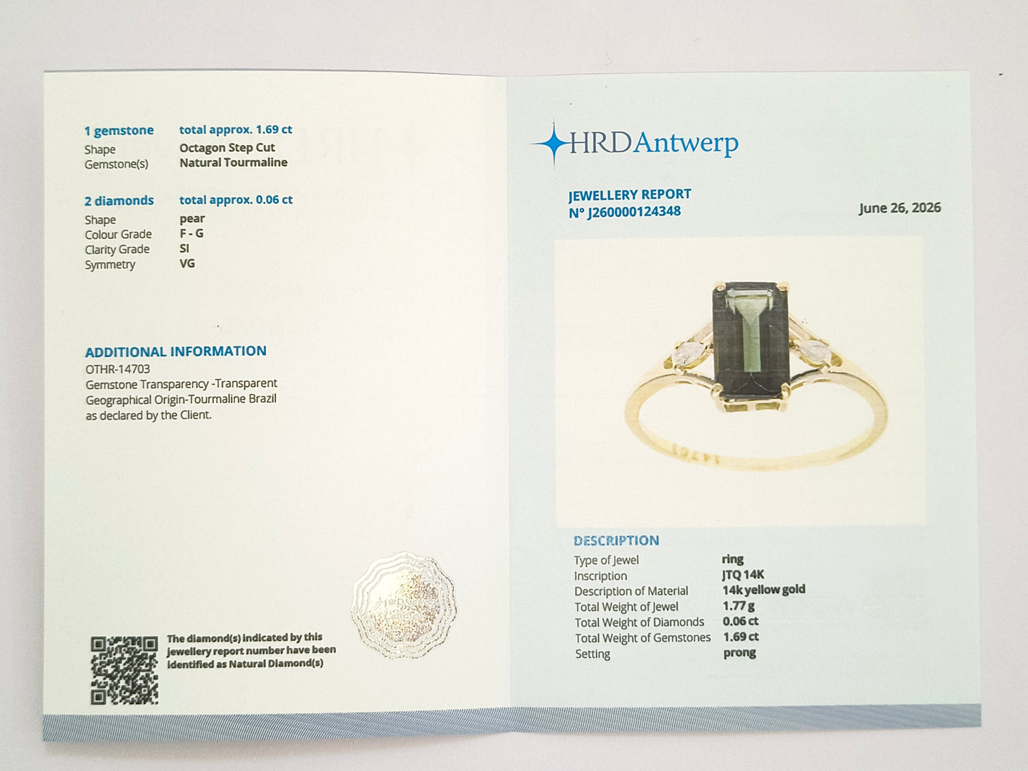 1.75 Ct Octagon Step Cut Natural Tourmaline 14K Gold Ring
