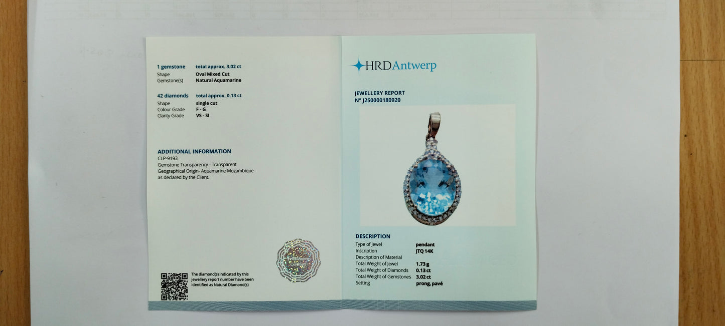 3.15 Ct Oval Mixed Cut Natural Aquamarine 14K Gold Pendant
