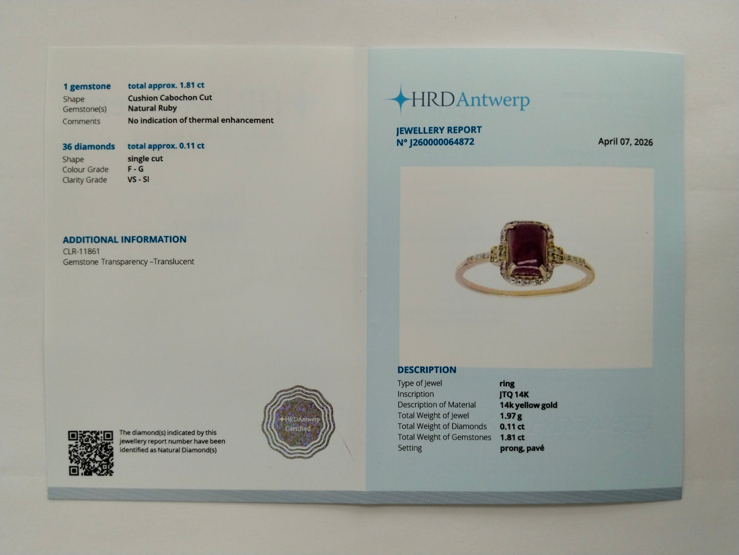1.92 Ct Cushion Cabochon Cut Natural Ruby 14K Gold Ring