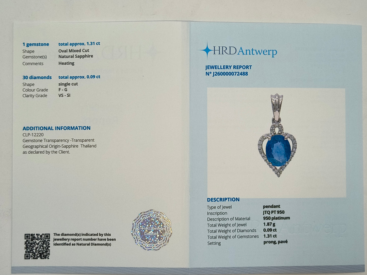 1.40 Ct Oval Mixed Cut Natural Sapphire 950 Platinum Pendant