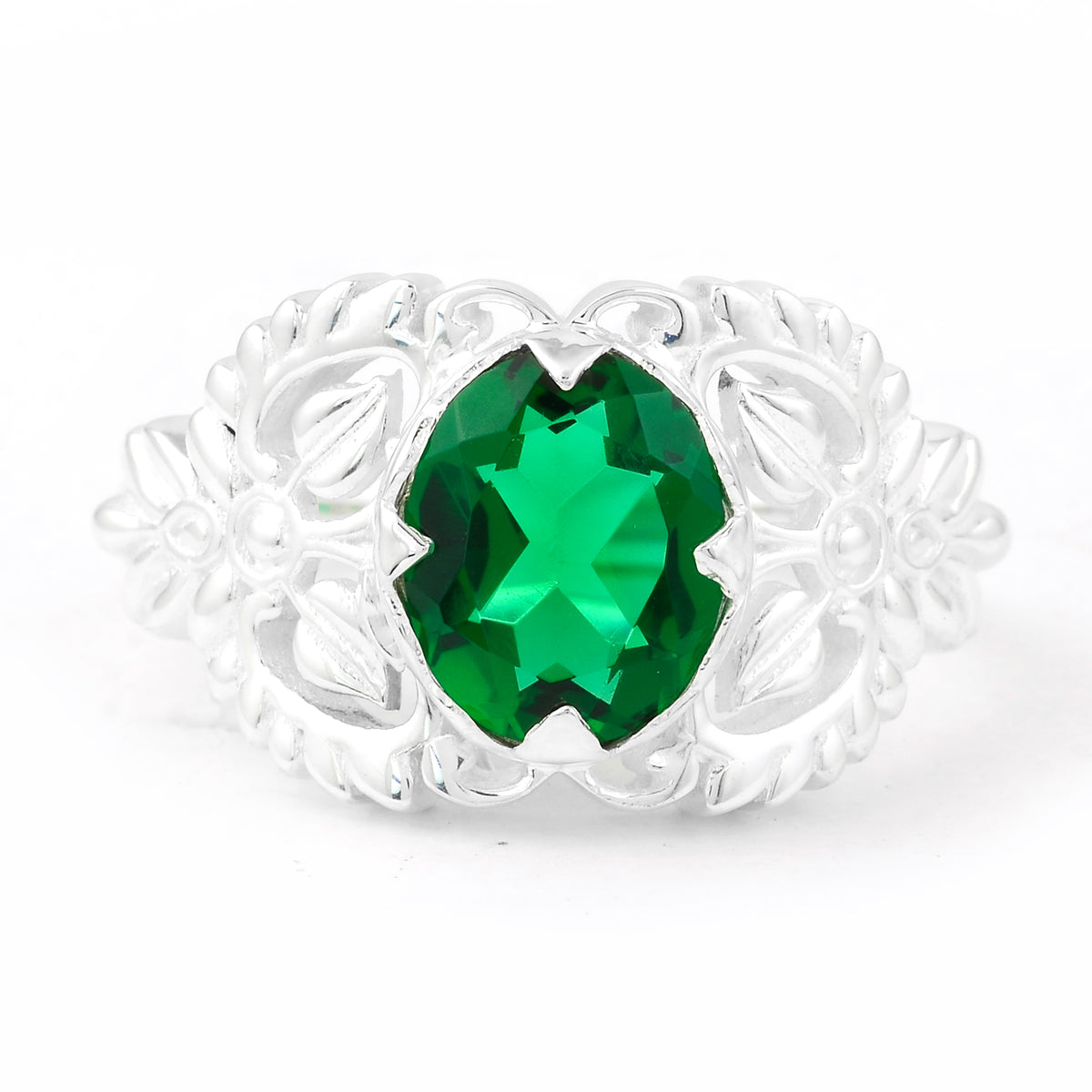 2.15 Ct Oval Created Emerald 925 Sterling Silver Ring