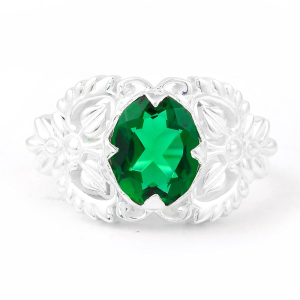2.15 Ct Oval Created Emerald 925 Sterling Silver Ring