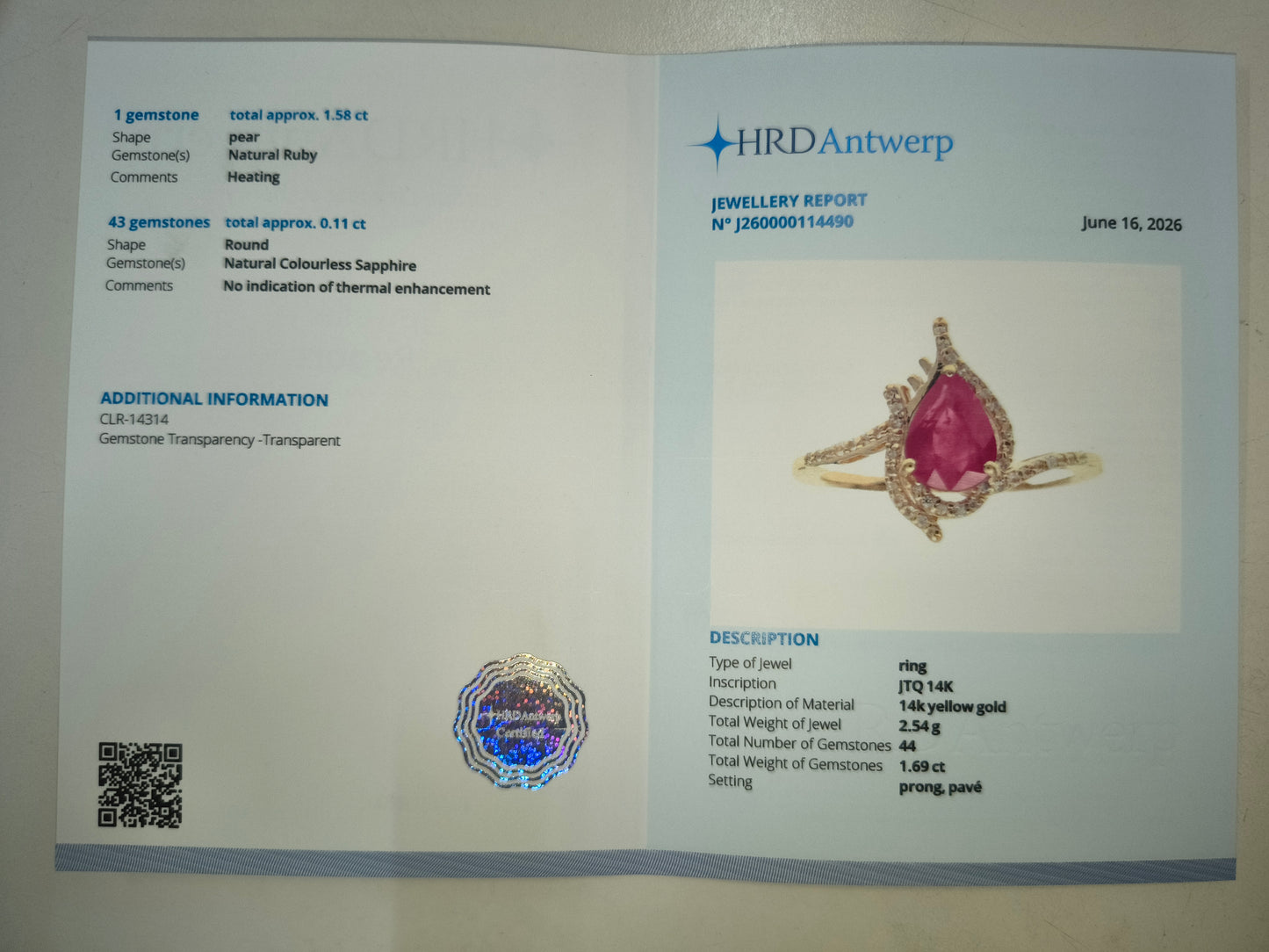 1.69 Ct Pear Natural Ruby 14K Gold Ring