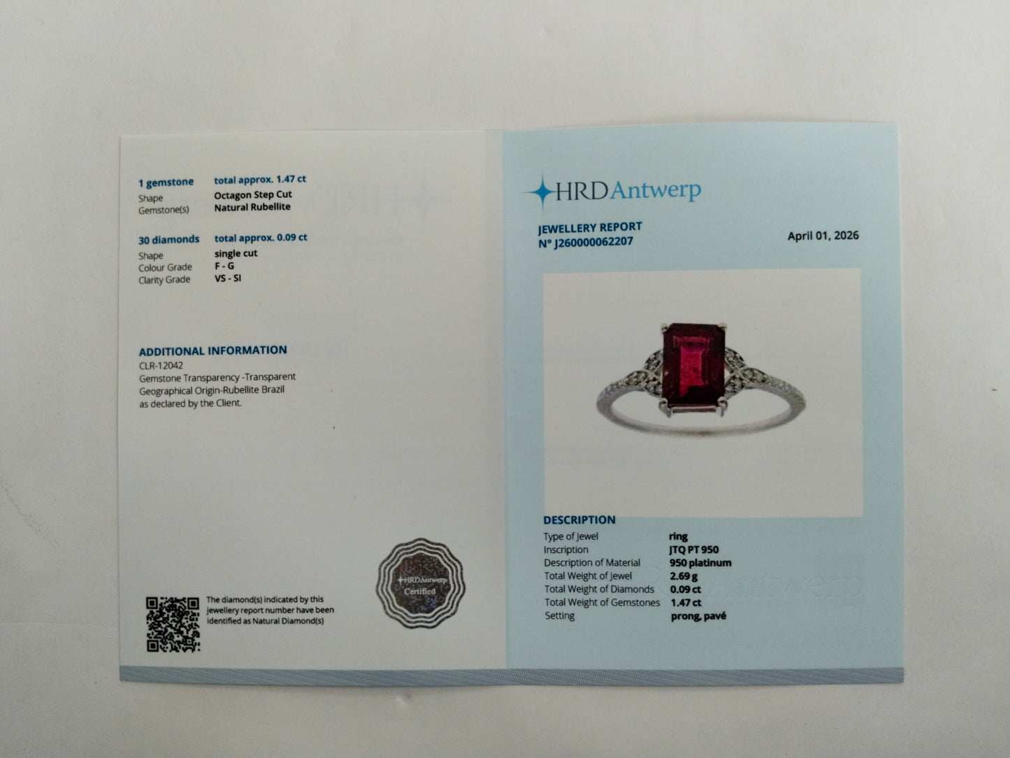 1.56 Ct Octagon Step Cut Natural Rubellite 950 Platinum Ring