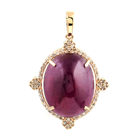 13.42 Ct Oval Cabochon Natural Corundum Ruby 14K Gold Pendant