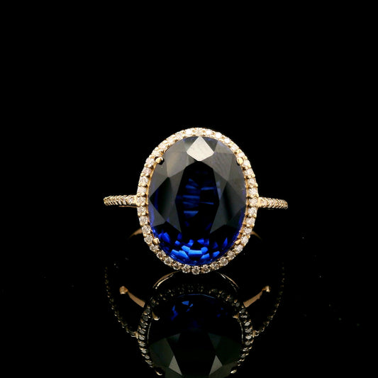 7.54 Ct Oval Mixed Cut Lab Grown Sapphire 14K Gold Ring