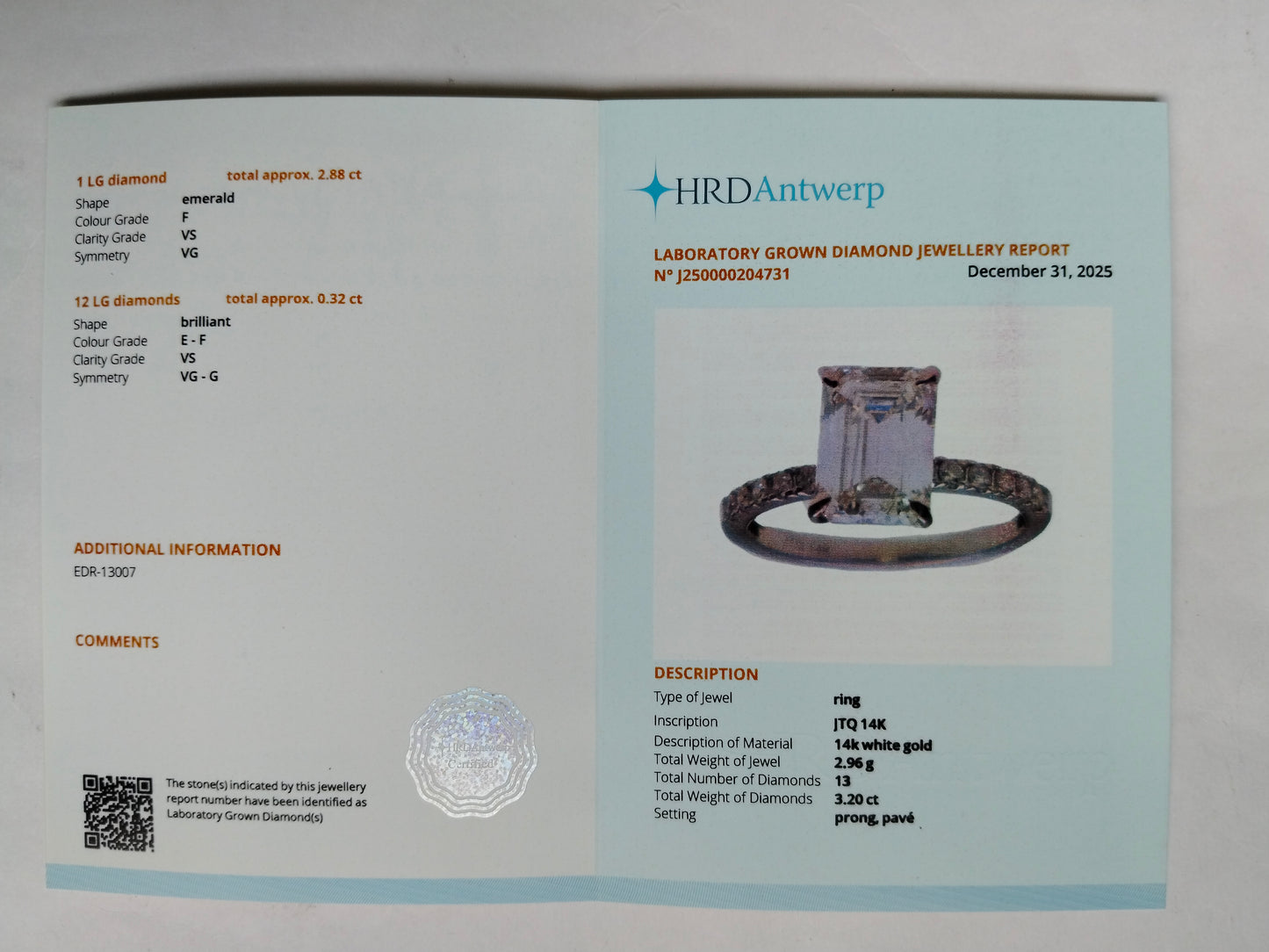 3.20 Carats Lab Grown Diamond 14K Gold Ring