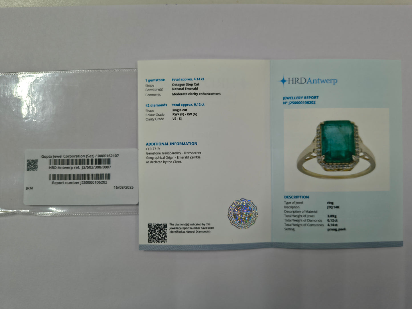4.26 Ct Octagon Step Cut Natural Emerald 14K Gold Ring