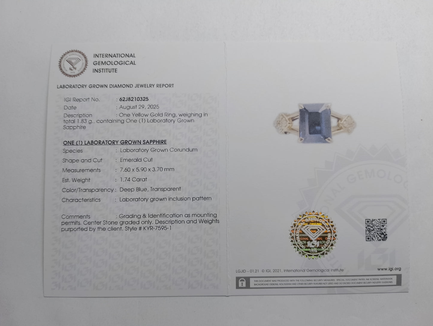 1.78 Ct Emerald Cut Lab Grown Sapphire 14K Gold Ring