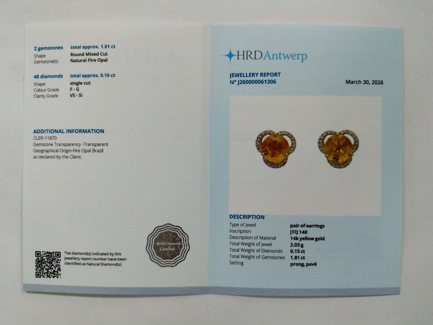 1.96 Ct Round Mixed Cut Natural Fire Opal 14K Gold Earrings