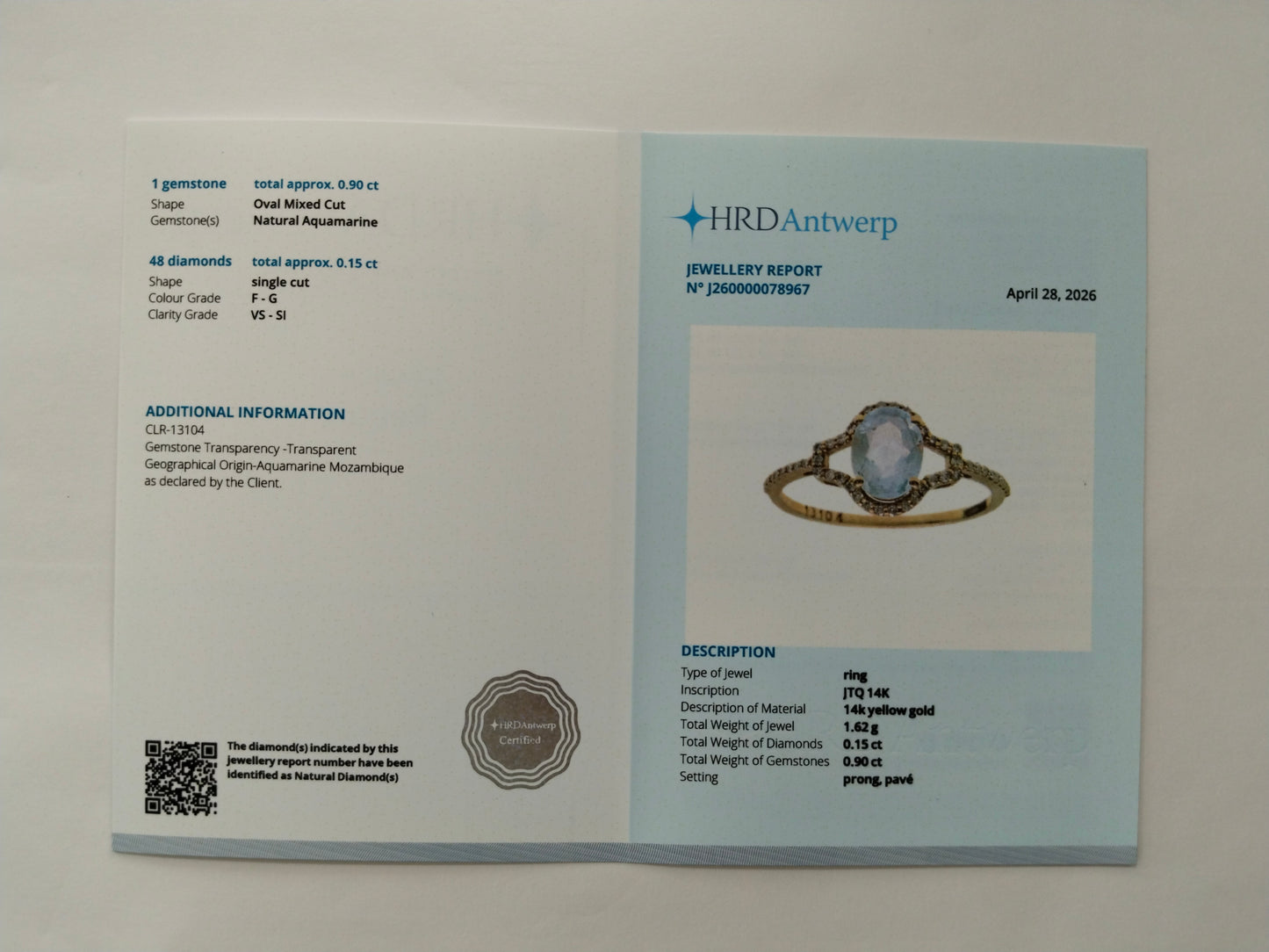1.05 Ct Oval Mixed Cut Natural Aquamarine 14K Gold Ring