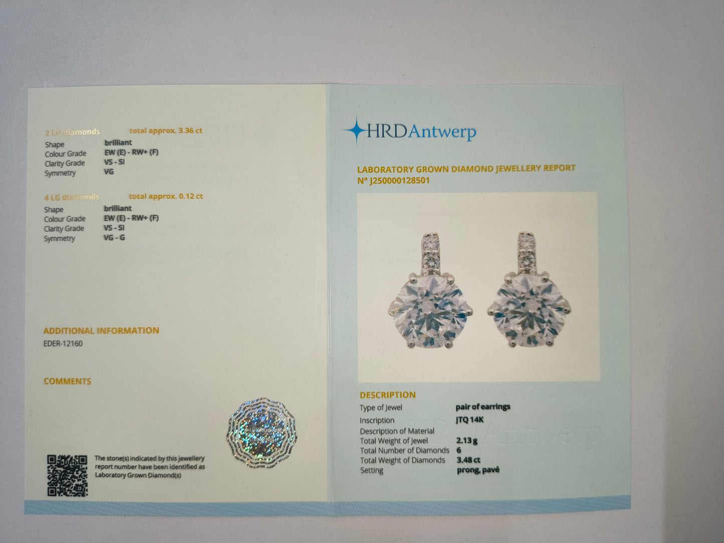 3.48 Carats Lab Grown Diamond 14K Gold Earrings