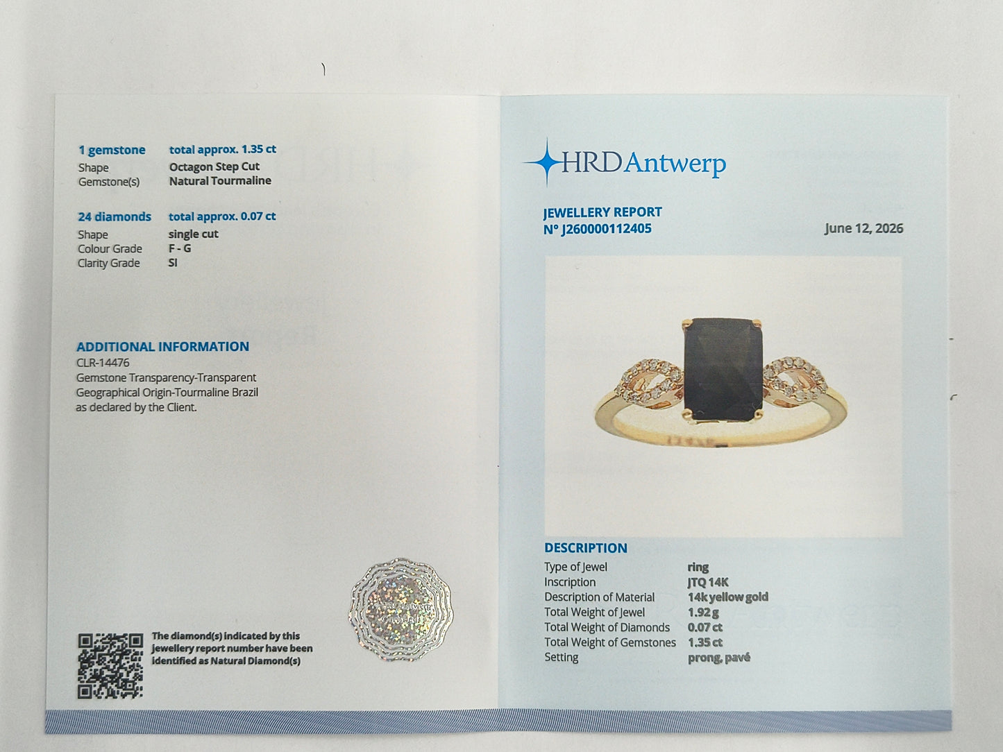 1.42 Ct Octagon Step Cut Natural Tourmaline 14K Gold Ring