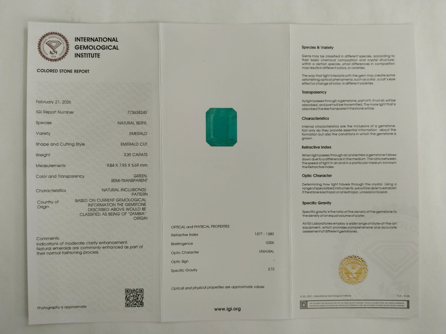 3.39 Natural Beryl Emerald Emerald Cut Gemstone