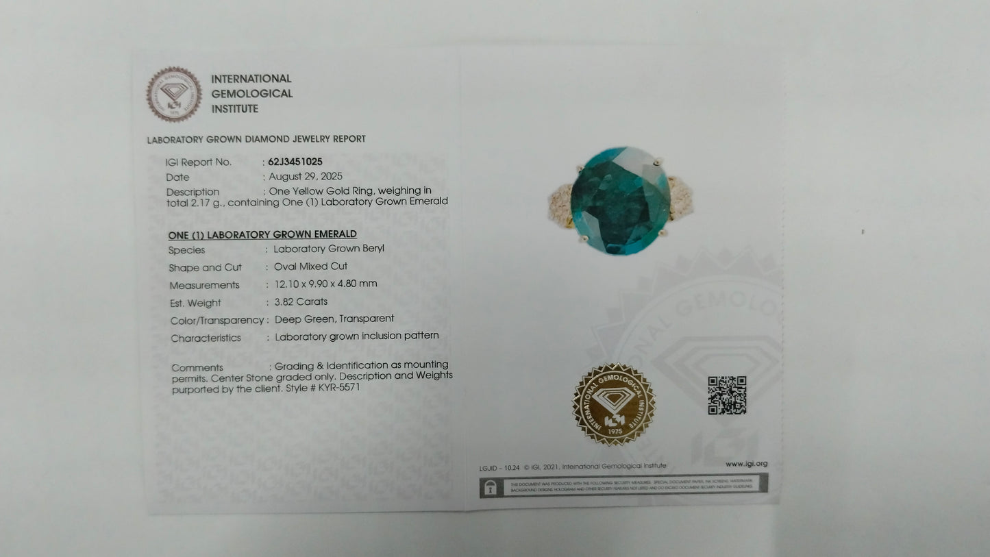 3.90 Ct Oval Mixed Cut Lab Grown Emerald 14K Gold Ring