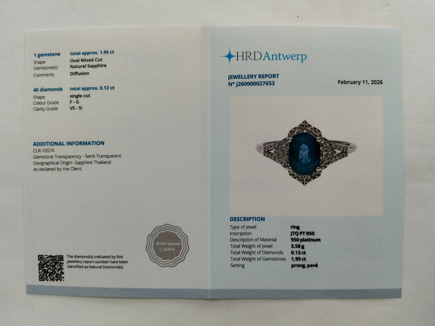 2.07 Ct Oval Mixed Cut Natural Sapphire 950 Platinum Ring