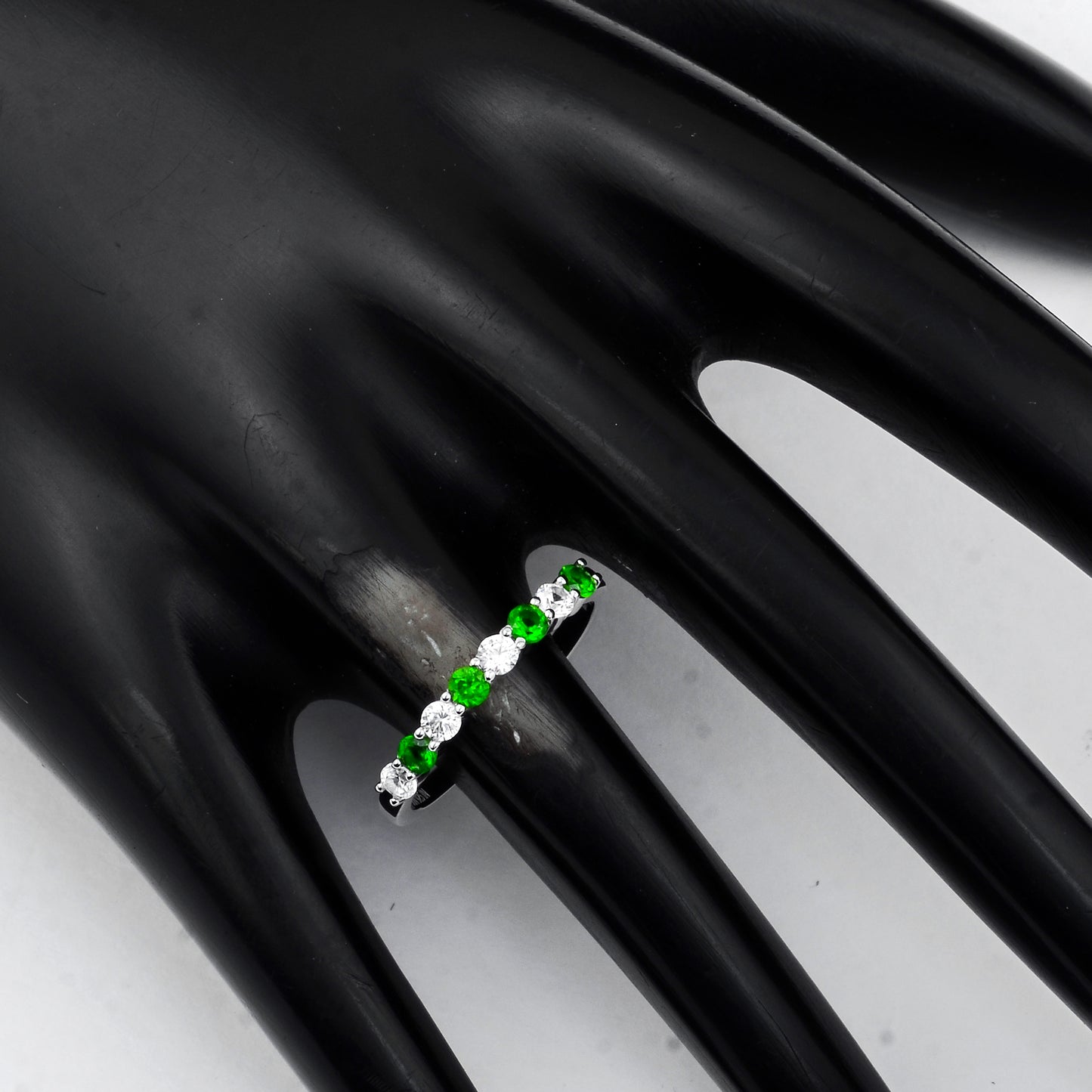 0.71 Ct Round Chrome Diopside, White Zircon 925 Sterling Silver Ring