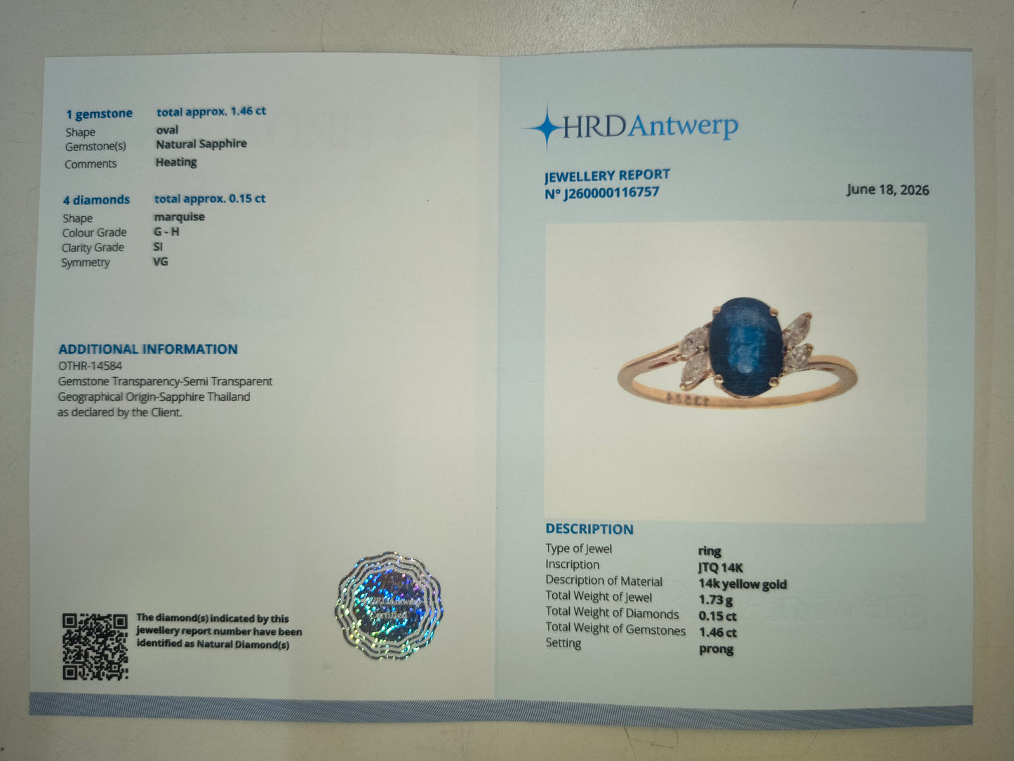 1.61 Ct Oval Natural Sapphire 14K Gold Ring