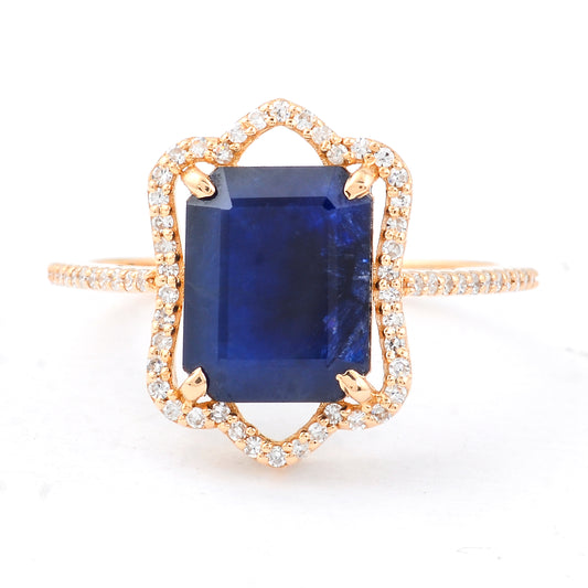 3.70 Ct Octagon Step Cut Natural Sapphire 14K Gold Ring