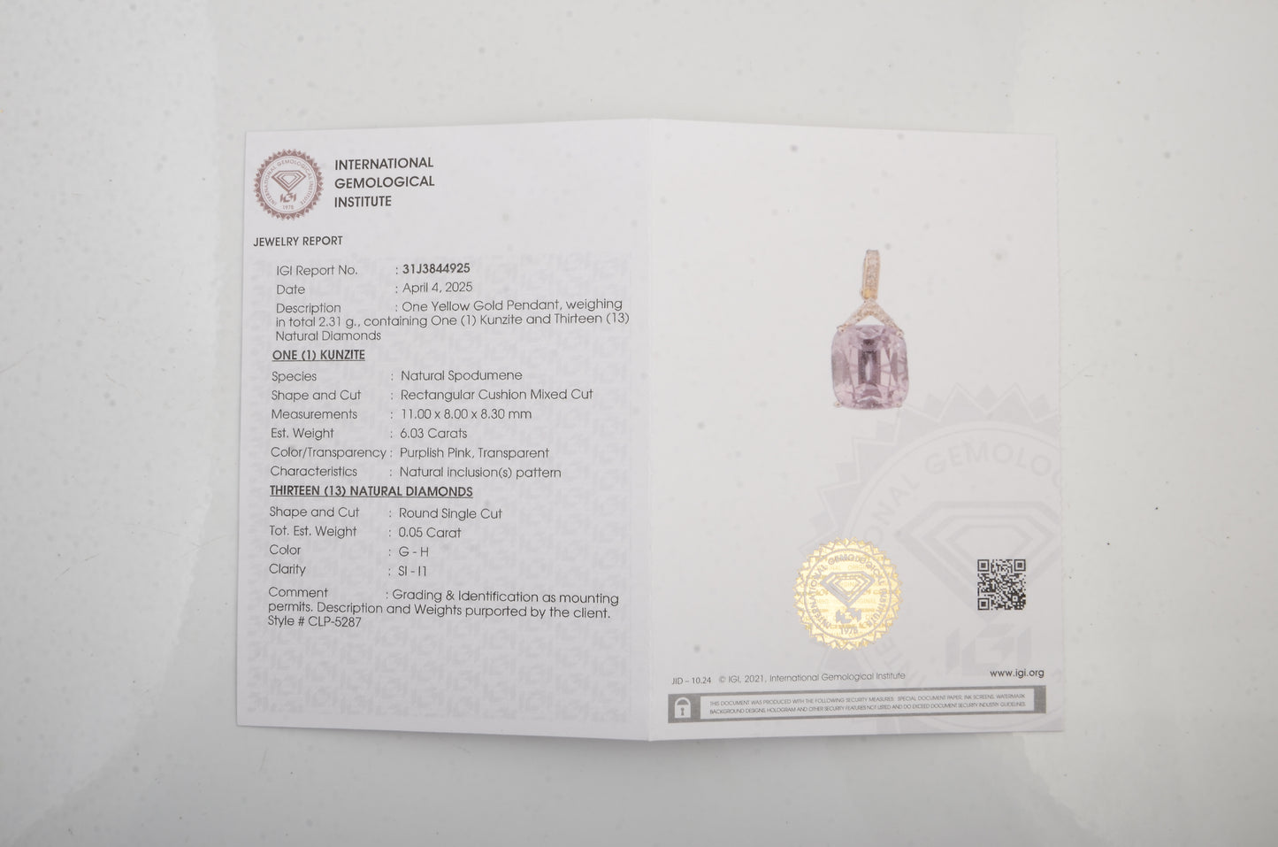 6.08 Ct Rectangular Cushion Mixed Cut Kunzite 14K Gold Pendant