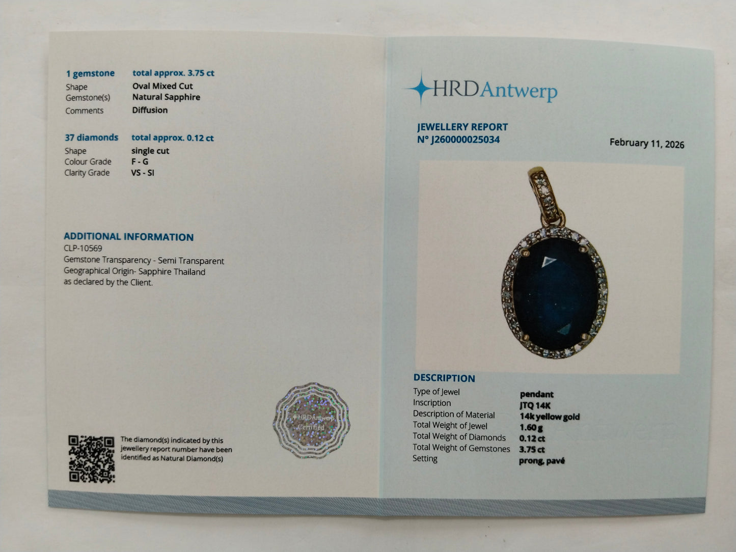 3.87 Ct Oval Mixed Cut Natural Sapphire 14K Gold Pendant