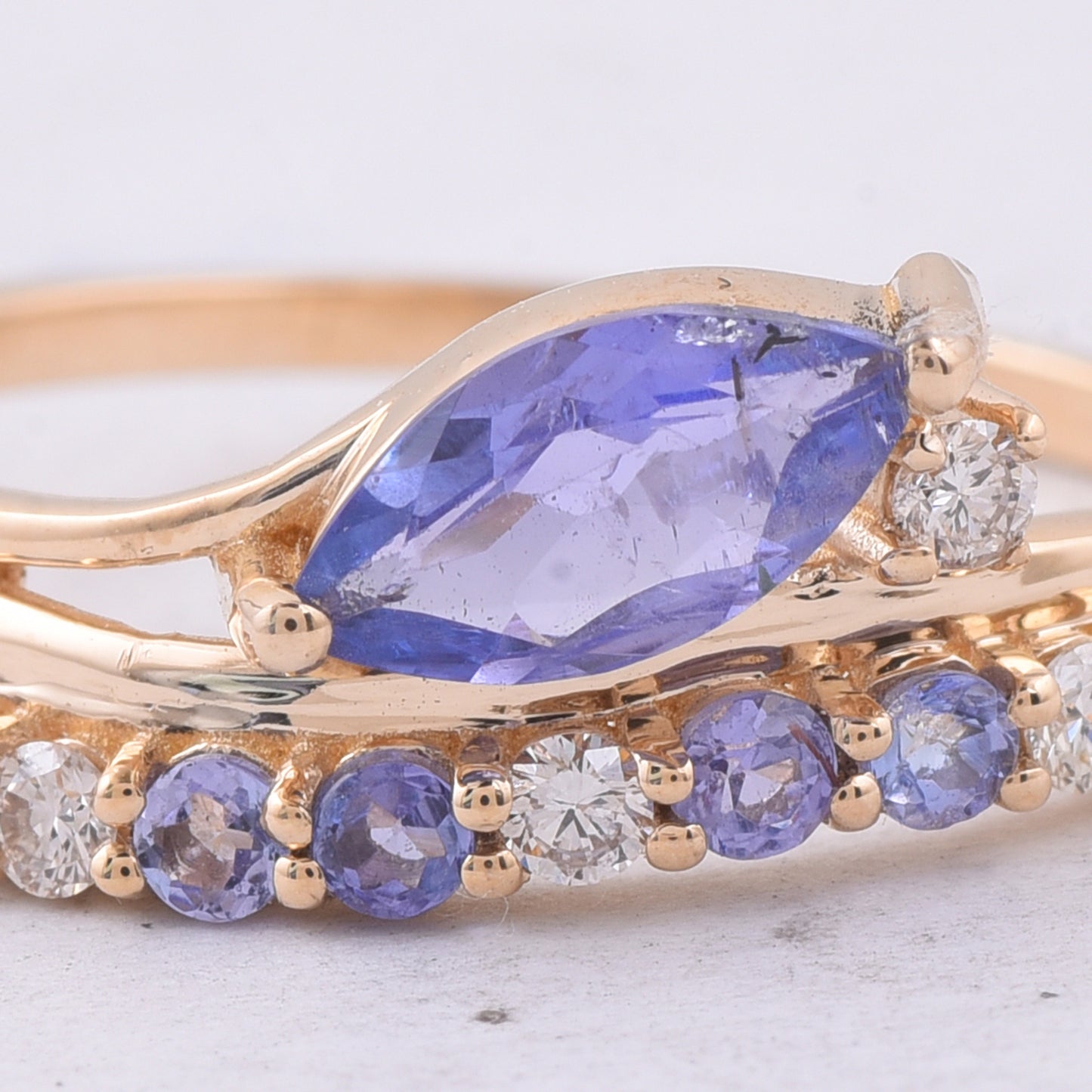 0.92 Ct Marquise, Round Natural Tanzanite 14K Gold Ring