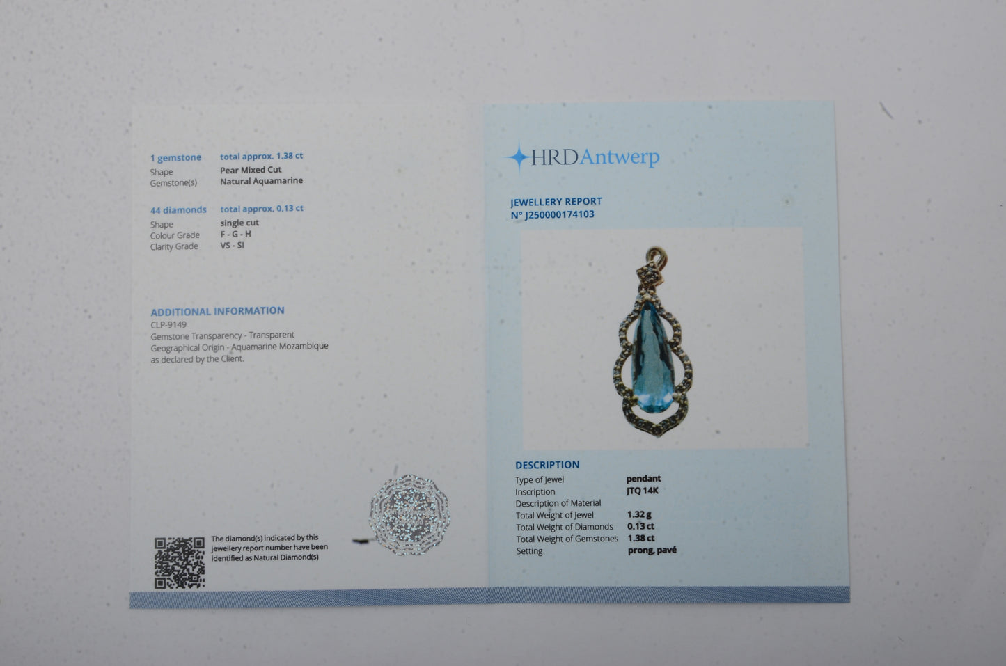 1.51 Ct Pear Mixed Cut Natural Aquamarine 14K Gold Pendant
