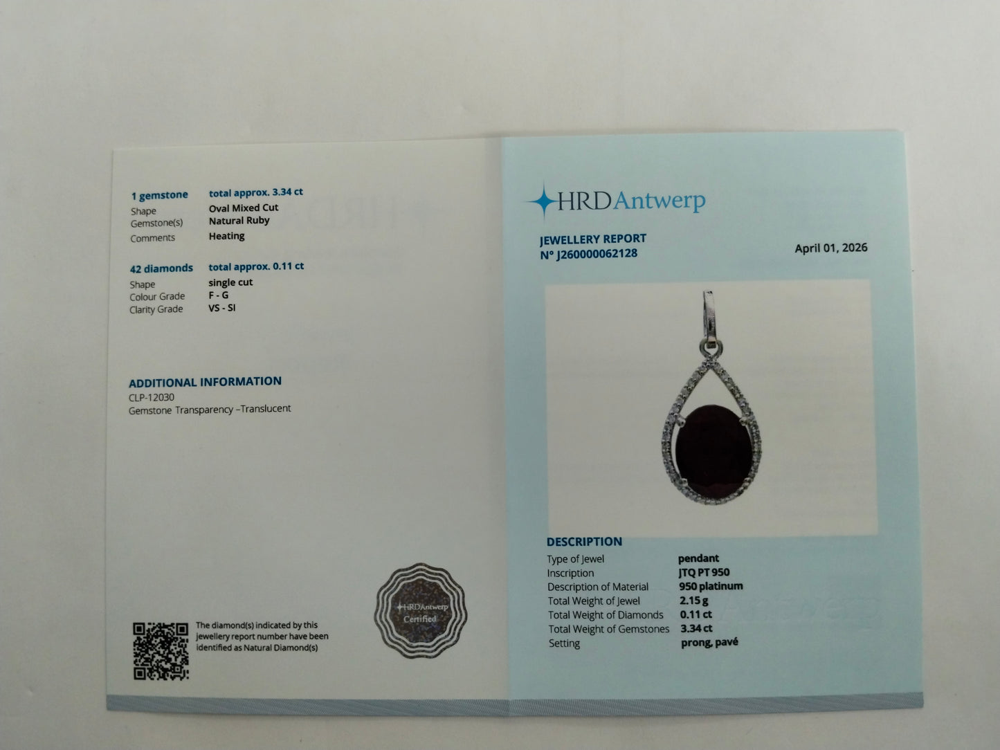3.45 Ct Oval Mixed Cut Natural Ruby 950 Platinum Pendant
