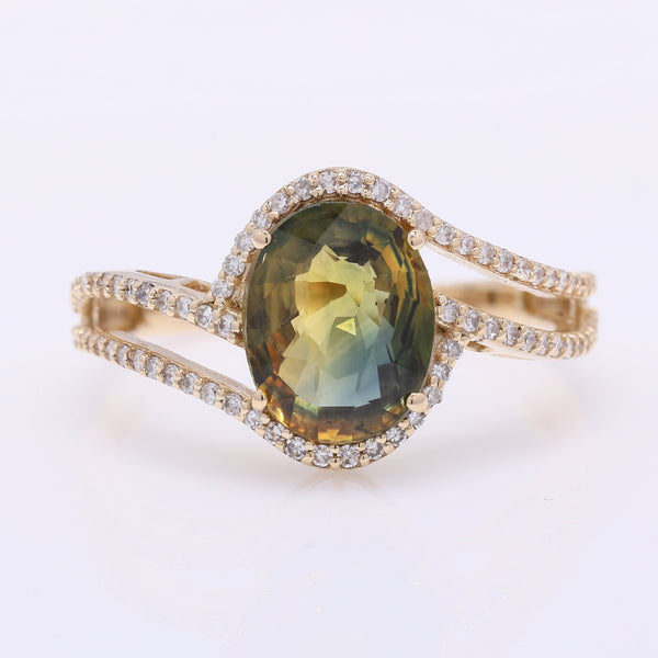 2.54 Ct Oval Mixed Cut Natural Bi-Coloured Sapphire 14K Gold Ring