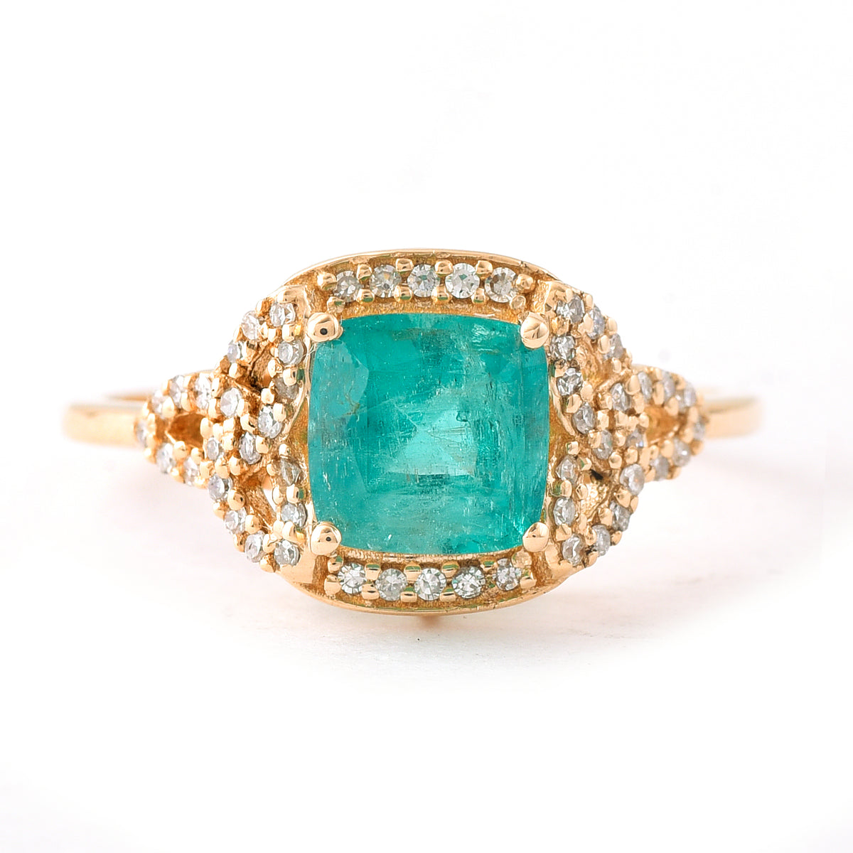 1.57 Ct Cushion Mixed Cut Natural Emerald 14K Gold Ring