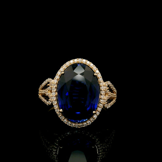 7.24 Ct Oval Mixed Cut Lab Grown Sapphire 14K Gold Ring