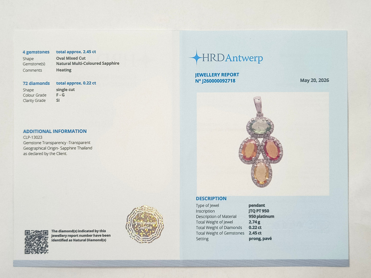 2.67 Ct Oval Multi Sapphire 950 Platinum Pendant