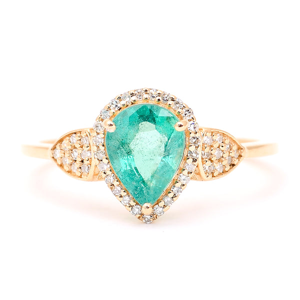 1.34 Ct Pear Mixed Cut Natural Emerald 14K Gold Ring