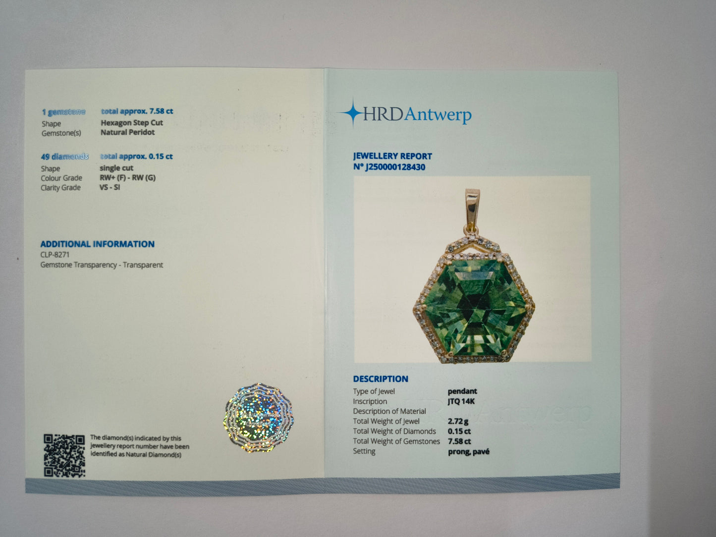 7.73 Ct Hexagon Natural Eridot 14K Gold Pendant