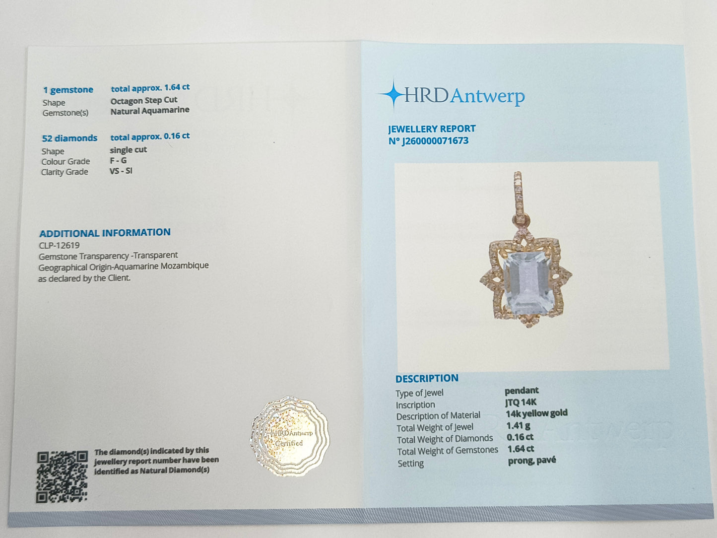 1.80 Ct Octagon Step Cut Natural Aquamarine 14K Gold Pendant