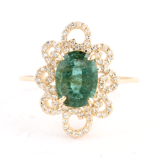 1.86 Ct Oval Mixed Cut Natural Beryl Emerald 14K Gold Ring