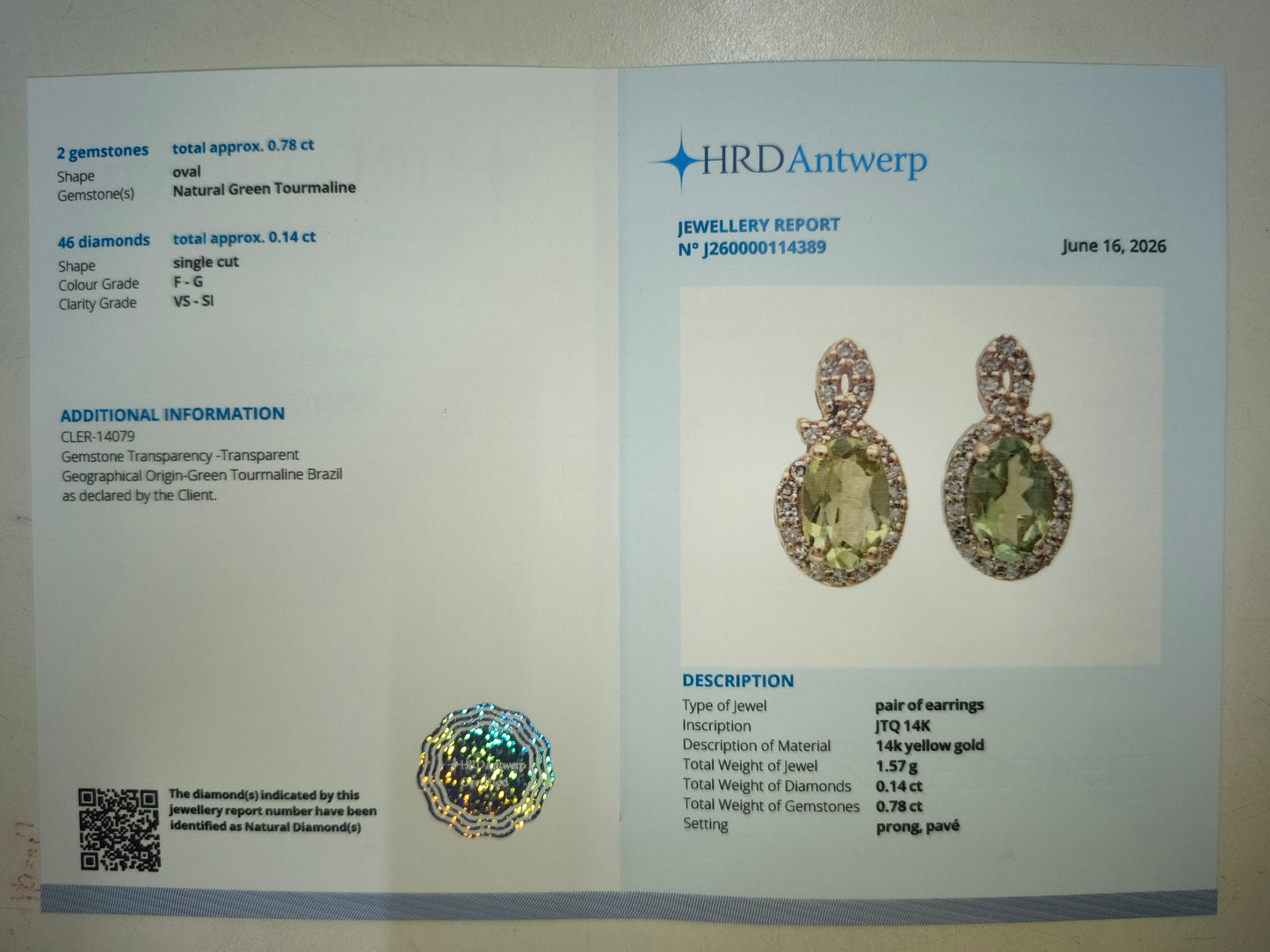 0.92 Ct Oval Natural Green Tourmaline 14K Gold Earrings
