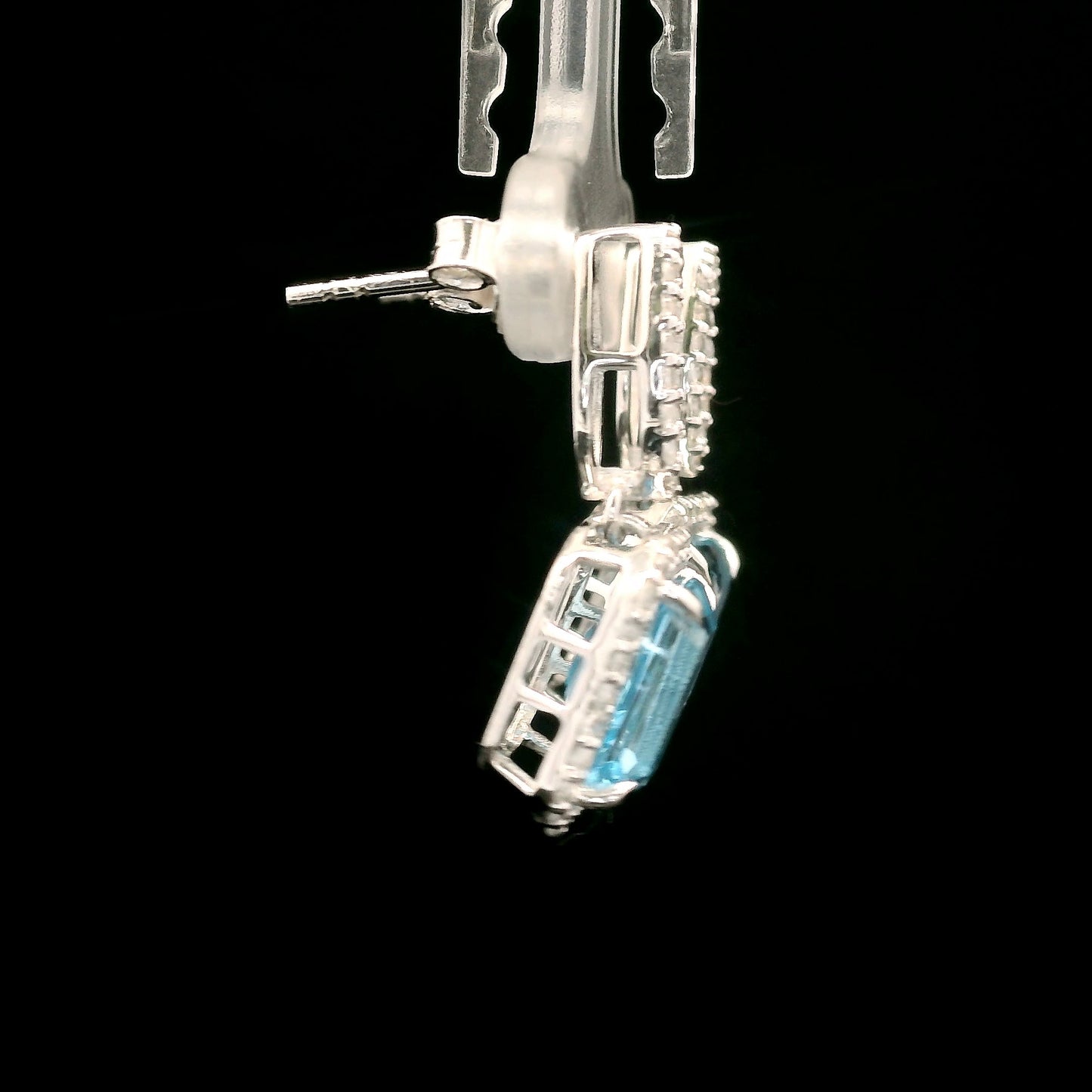 6.68 Ct Octagon Blue Topaz, White Zircon 925 Sterling Silver Earrings