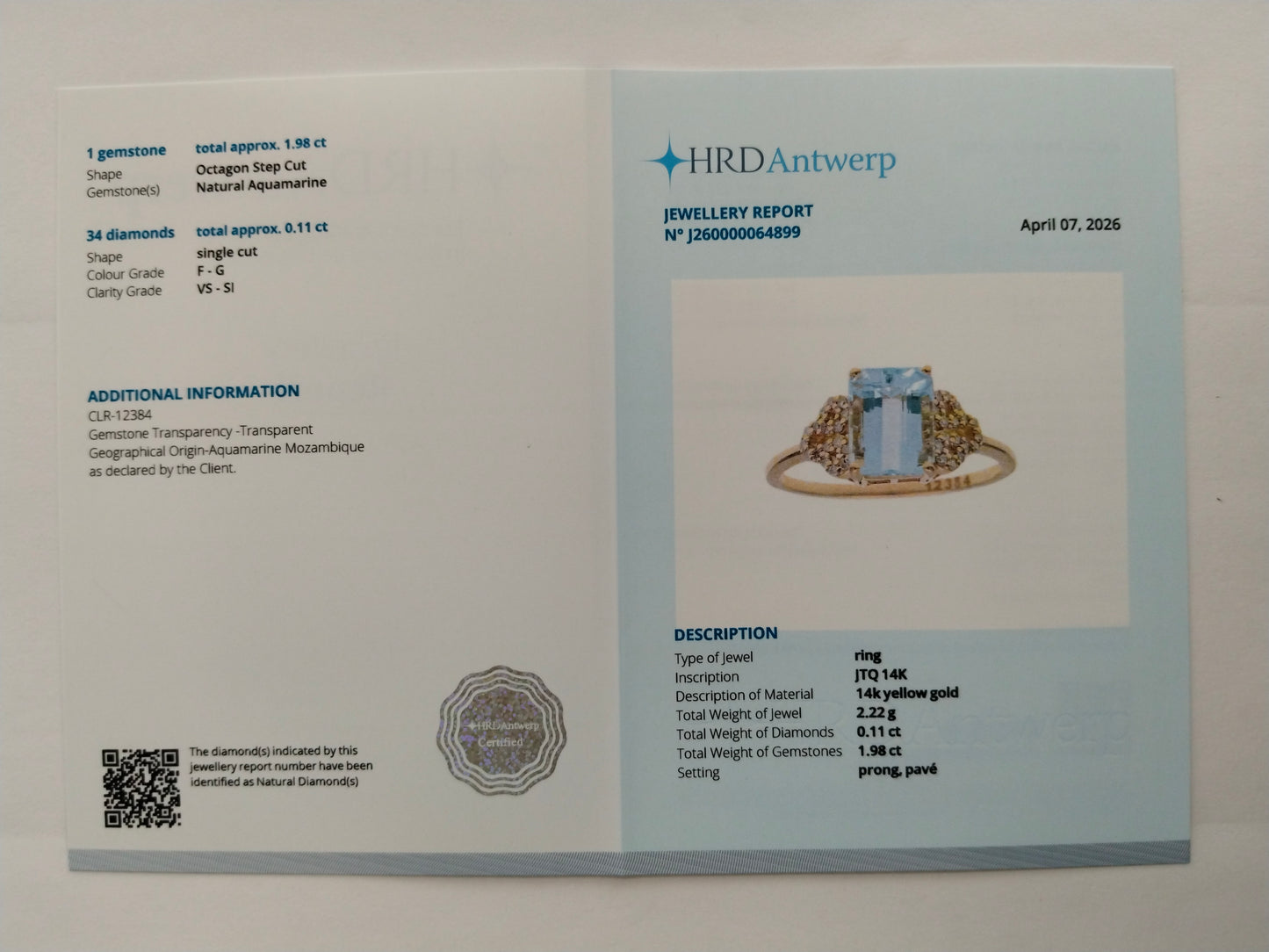 2.09 Ct Octagon Step Cut Natural Aquamarine 14K Gold Ring