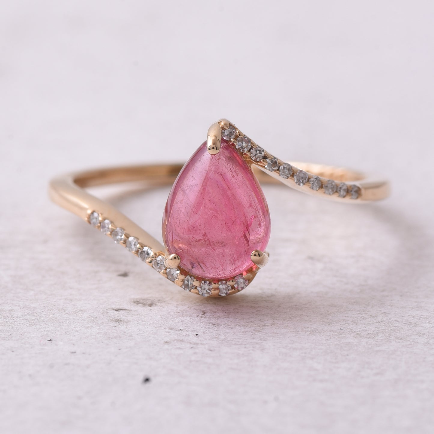 1.51 Ct Pear Cabochon Natural Pink Tourmaline 14K Gold Ring