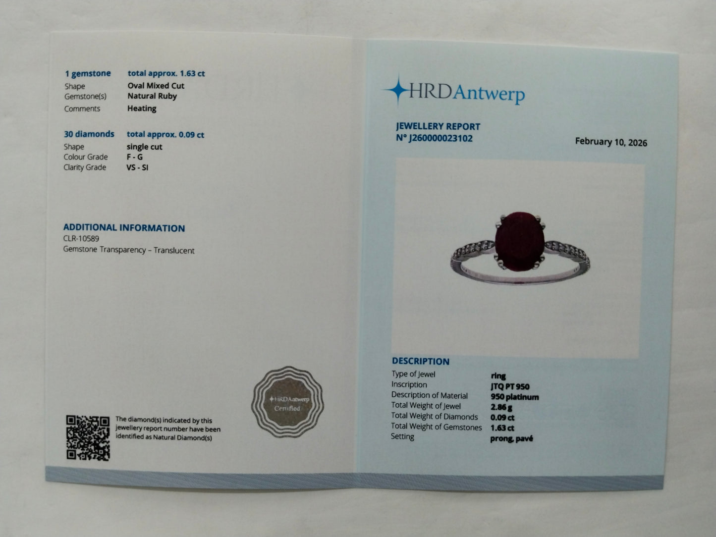 1.72 Ct Oval Mixed Cut Natural Ruby 950 Platinum Ring