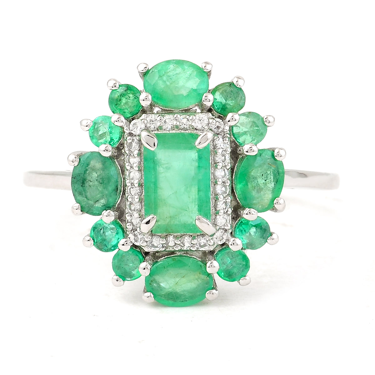 1.52 Ct Octagon Step Cut, Oval Mixed Cut, Round Mixed Cut Natural Emerald 950 Platinum Ring
