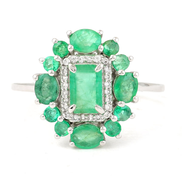 1.52 Ct Octagon Step Cut, Oval Mixed Cut, Round Mixed Cut Natural Emerald 950 Platinum Ring